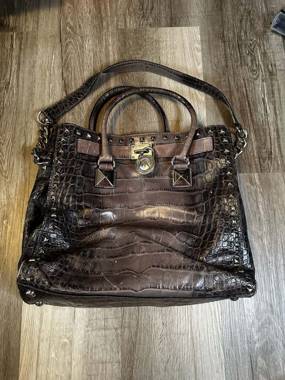 Michael Kors Grey Croc Embossed Leather Studded Hamilton Tote Bag